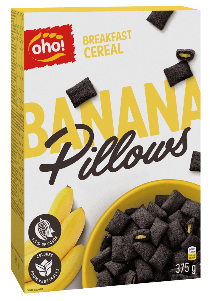 Breakfast cereal with banana taste filling “Banana pillows”