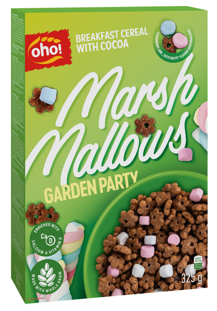 Breakfast cereal cocoa taste with „tutti frutti” and strawberry marshmallows „Garden party”