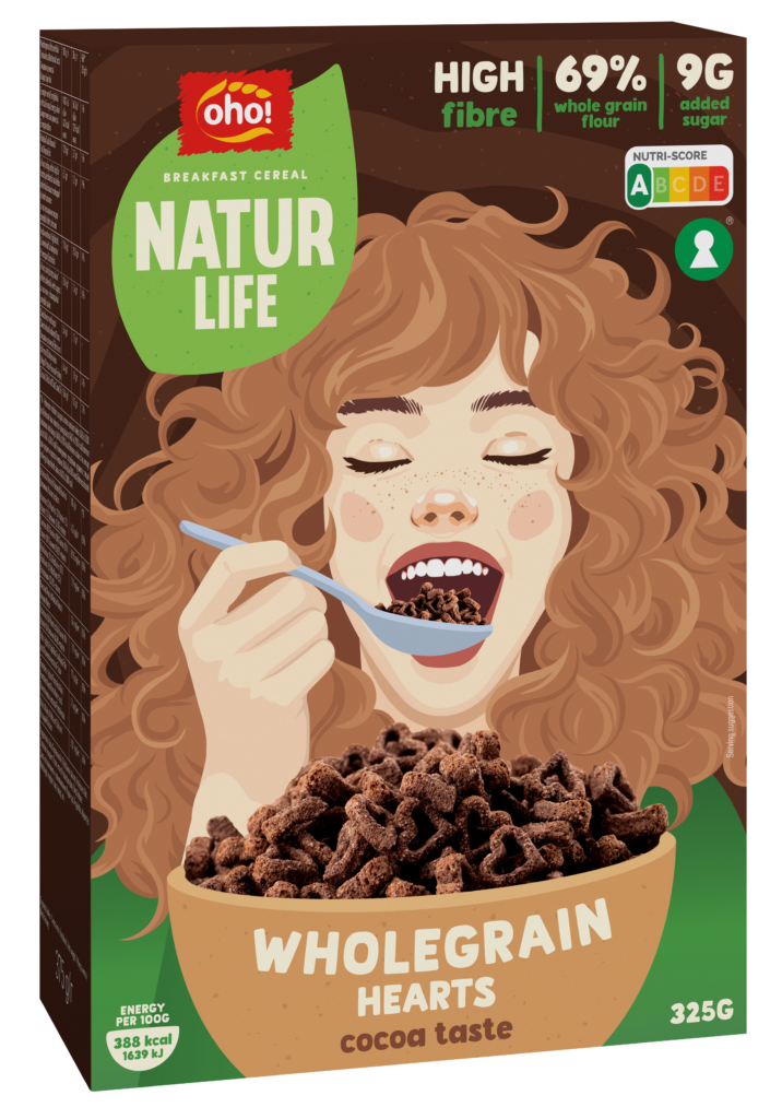 Breakfast cereals with whole grain flour “Wholegrain hearts cocoa taste”